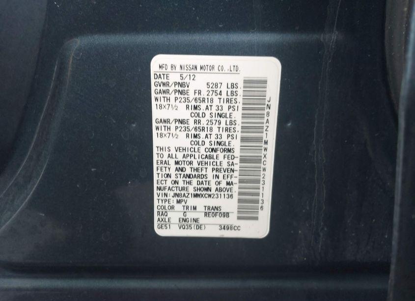 Photo 4 of 2012 Nissan Murano SV (VIN JN8AZ1MWXCW231136)