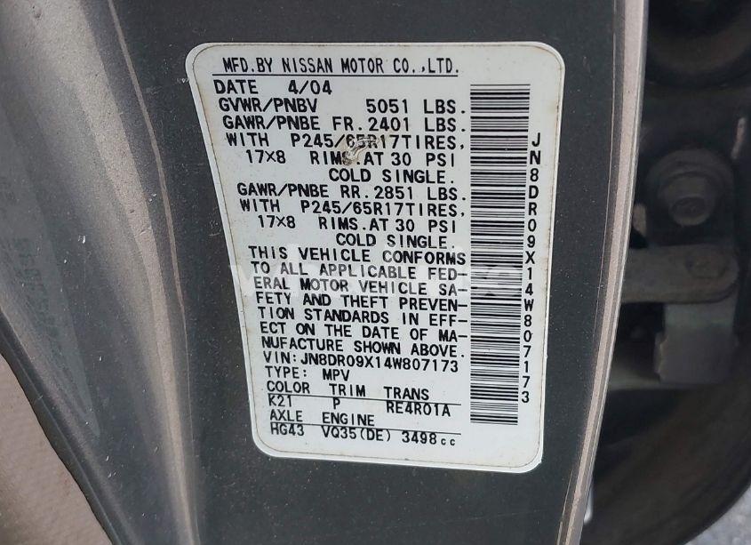 Photo 9 of 2004 Nissan Pathfinder LE PLATINUM (VIN JN8DR09X14W807173)