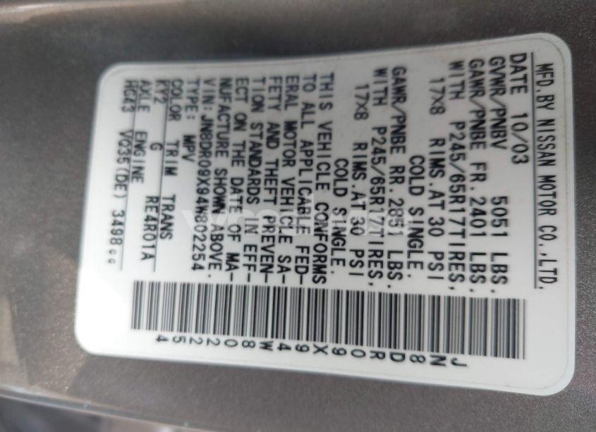 Photo 9 of 2004 Nissan Pathfinder LE PLATINUM (VIN JN8DR09X94W802254)