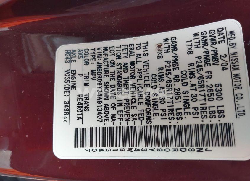 Photo 9 of 2004 Nissan Pathfinder LE PLATINUM (VIN JN8DR09Y34W913407)