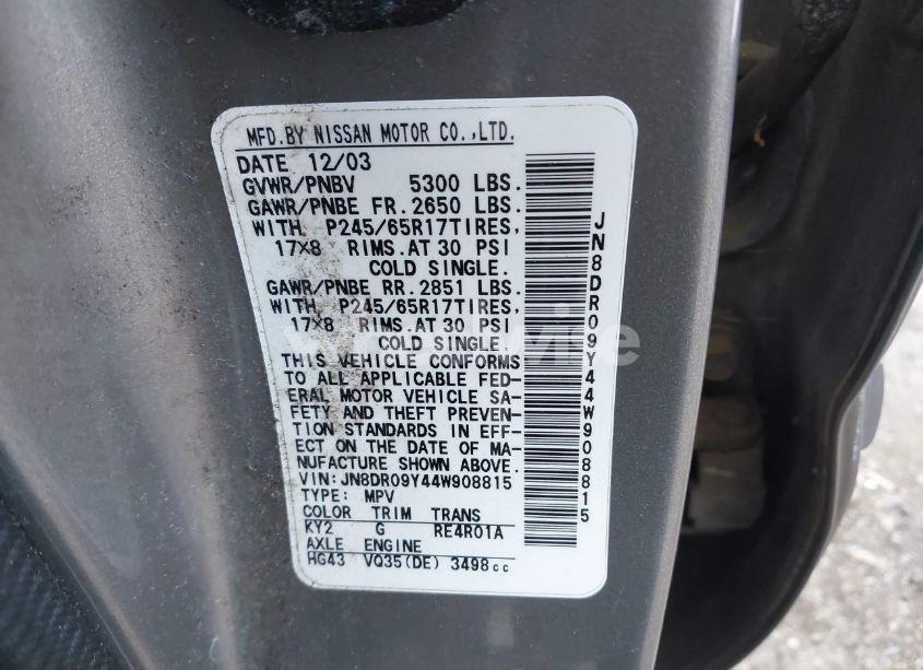 Photo 9 of 2004 Nissan Pathfinder LE PLATINUM (VIN JN8DR09Y44W908815)