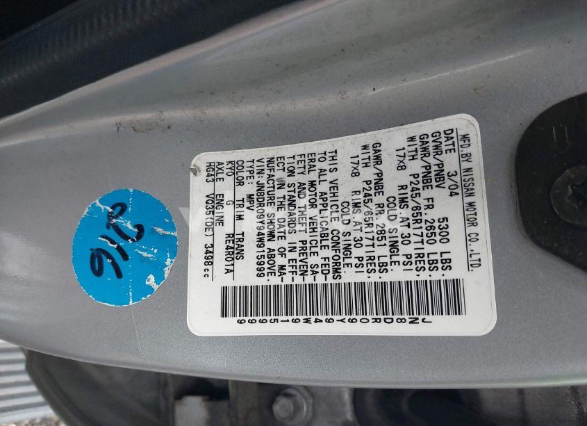 Photo 9 of 2004 Nissan Pathfinder LE PLATINUM (VIN JN8DR09Y94W915999)