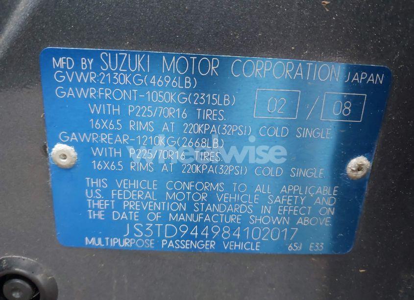 Photo 9 of 2008 Suzuki Grand VITARA XSPORT (VIN JS3TD944984102017)