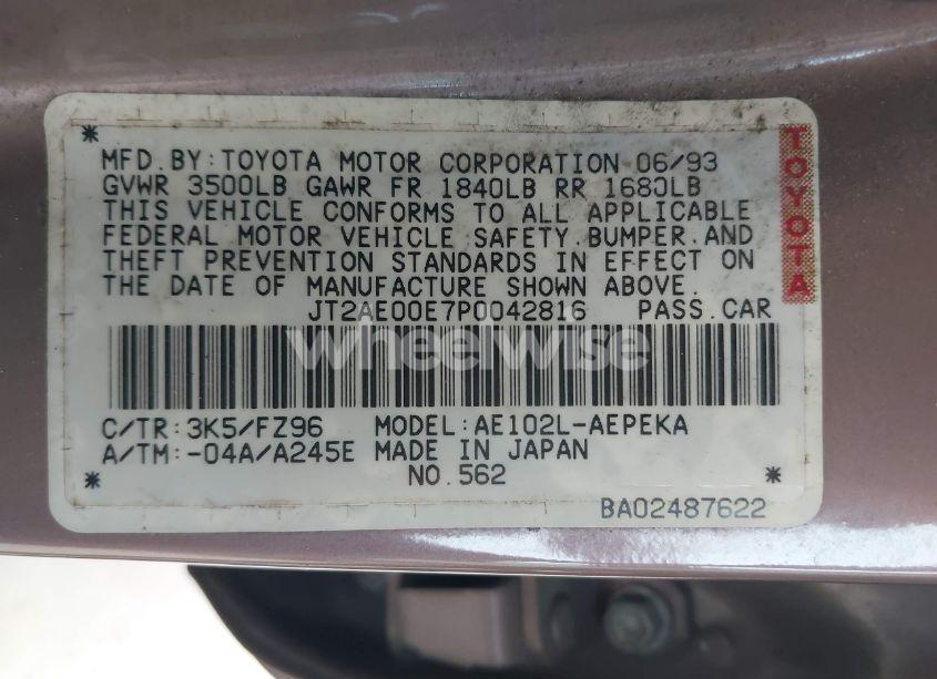 Photo 9 of 1993 Toyota Corolla LE (VIN JT2AE00E7P0042816)