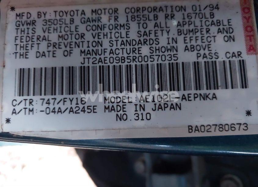 Photo 9 of 1994 Toyota Corolla LE/DX (VIN JT2AE09B5R0057035)