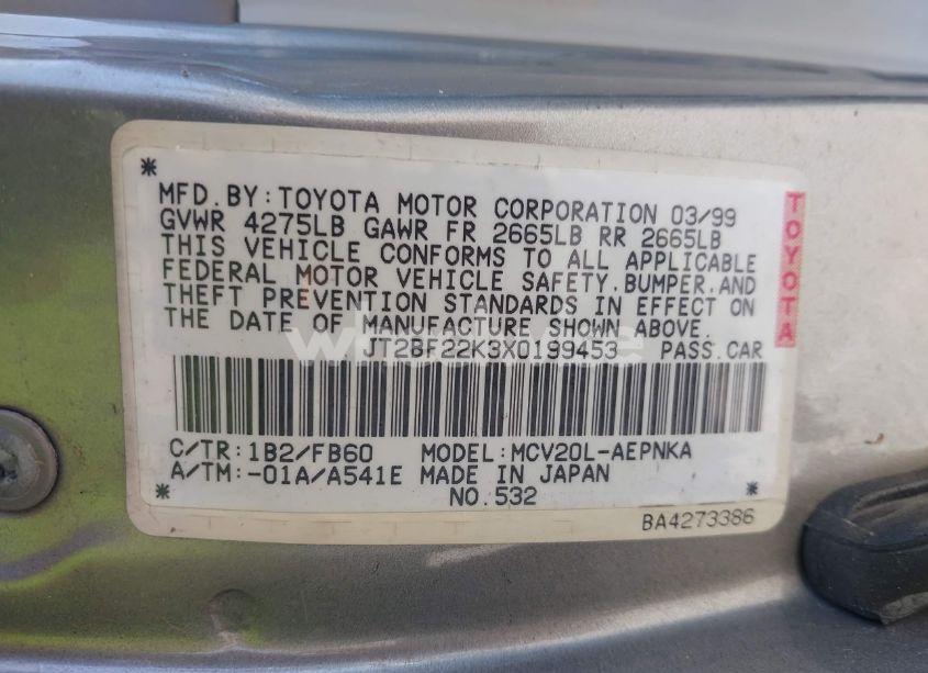 Photo 9 of 1999 Toyota Camry LE V6 (VIN JT2BF22K3X0199453)