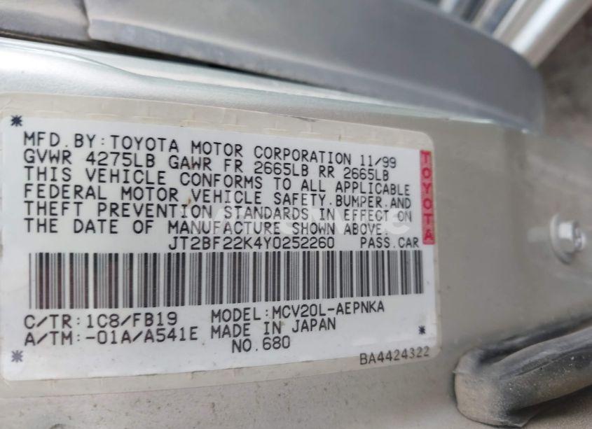 Photo 9 of 2000 Toyota Camry LE V6/XLE V6 (VIN JT2BF22K4Y0252260)