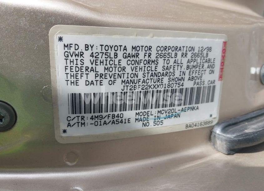 Photo 9 of 1999 Toyota Camry LE V6 (VIN JT2BF22KXX0180754)