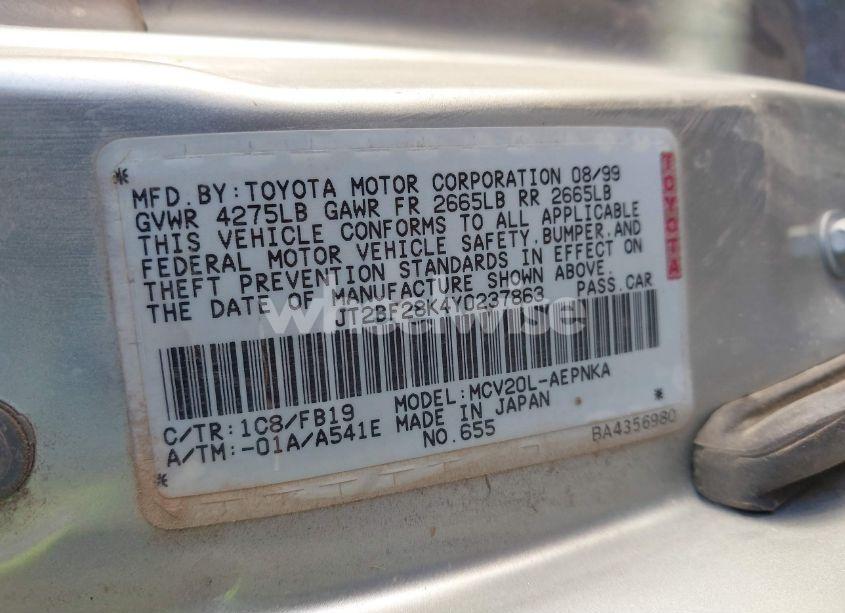 Photo 9 of 2000 Toyota Camry LE V6/XLE V6 (VIN JT2BF28K4Y0237863)