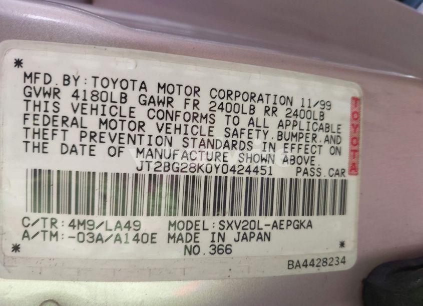Photo 9 of 2000 Toyota Camry XLE (VIN JT2BG28K0Y0424451)