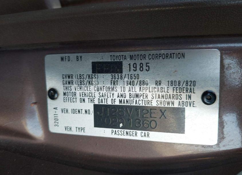 Photo 9 of 1985 Toyota Camry DLX (VIN JT2SV12EXF0291360)