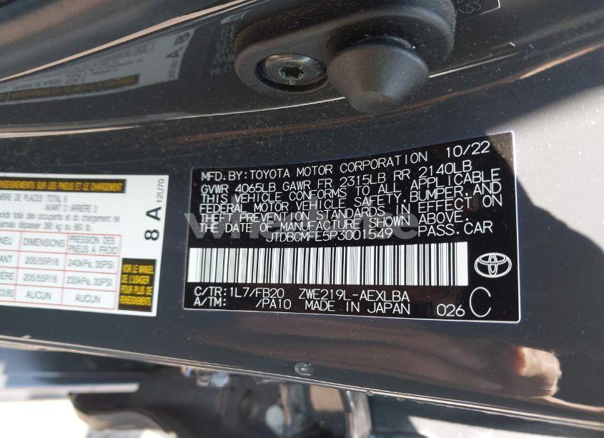 Photo 9 of 2023 Toyota Corolla HYBRID LE (VIN JTDBCMFE5P3001549)