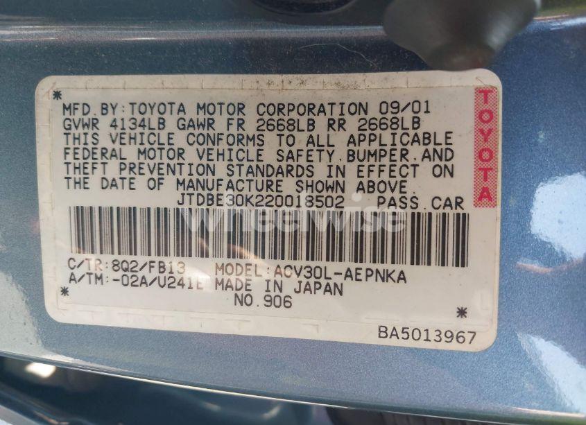 Photo 9 of 2002 Toyota Camry LE (VIN JTDBE30K220018502)