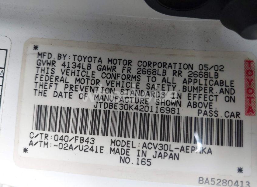 Photo 9 of 2002 Toyota Camry LE (VIN JTDBE30K420116981)
