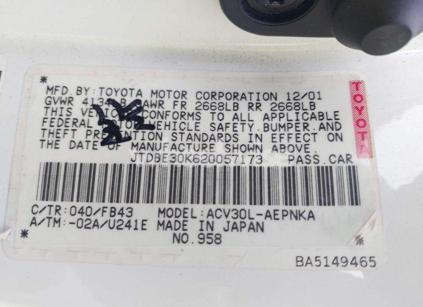 Photo 9 of 2002 Toyota Camry LE (VIN JTDBE30K620057173)