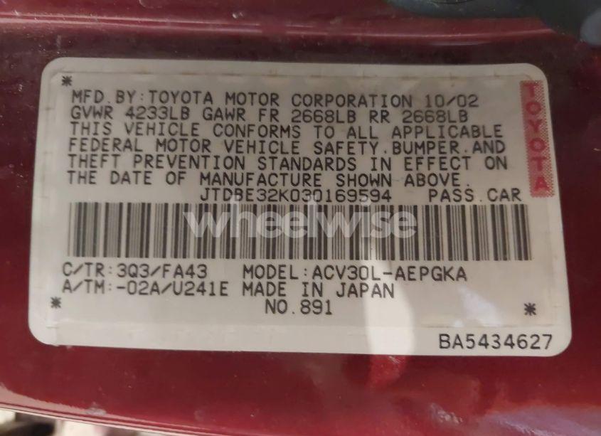 Photo 9 of 2003 Toyota Camry XLE (VIN JTDBE32K030169594)