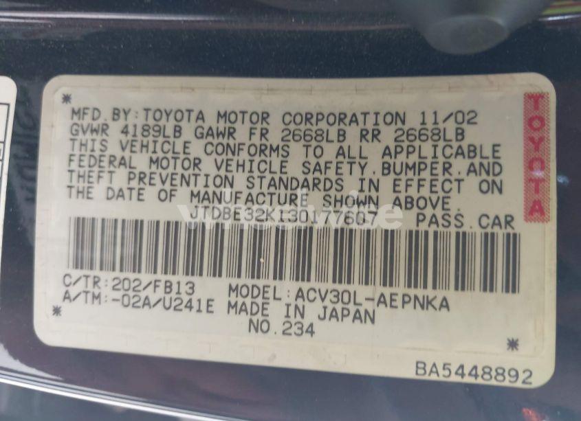 Photo 9 of 2003 Toyota Camry LE (VIN JTDBE32K130177607)