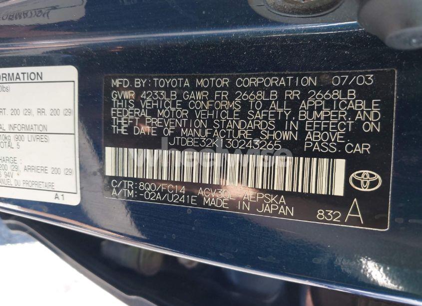 Photo 9 of 2003 Toyota Camry SE (VIN JTDBE32K130243265)