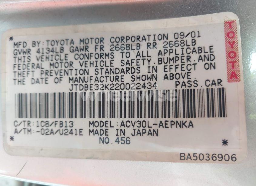 Photo 9 of 2002 Toyota Camry LE (VIN JTDBE32K220022434)