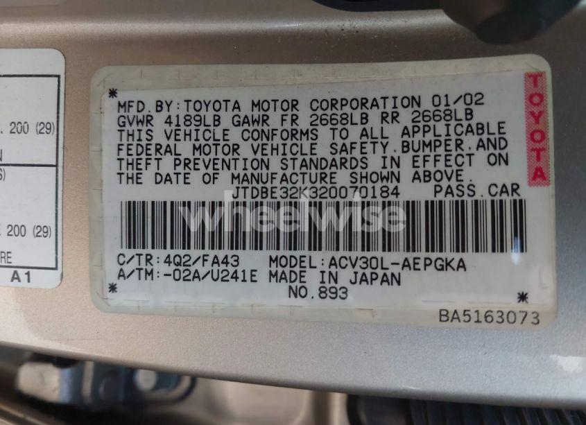 Photo 9 of 2002 Toyota Camry XLE (VIN JTDBE32K320070184)