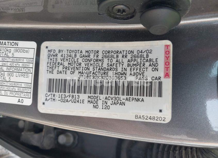 Photo 9 of 2002 Toyota Camry LE (VIN JTDBE32K320103653)