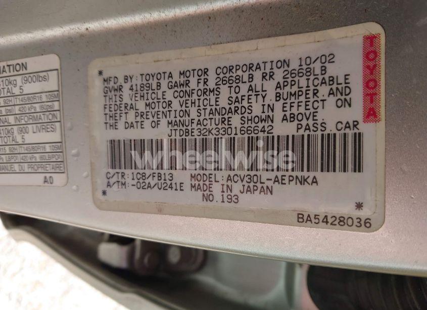 Photo 9 of 2003 Toyota Camry LE (VIN JTDBE32K330166642)