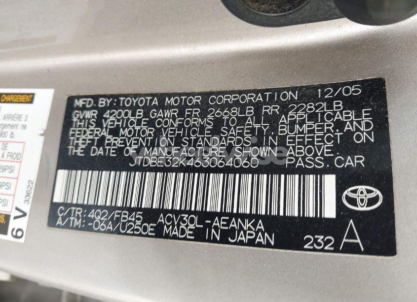Photo 9 of 2006 Toyota Camry STD (VIN JTDBE32K463064060)