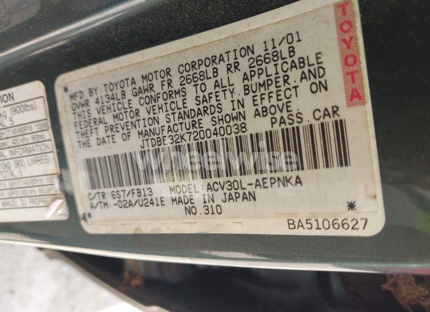 Photo 9 of 2002 Toyota Camry LE (VIN JTDBE32K720040038)