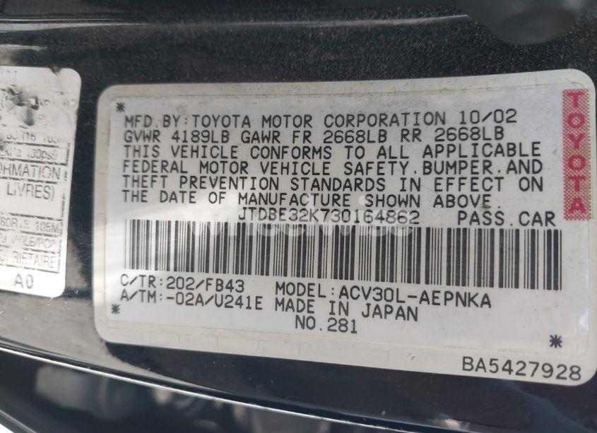 Photo 9 of 2003 Toyota Camry LE (VIN JTDBE32K730164862)