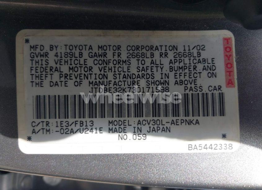Photo 9 of 2003 Toyota Camry LE (VIN JTDBE32K730171598)