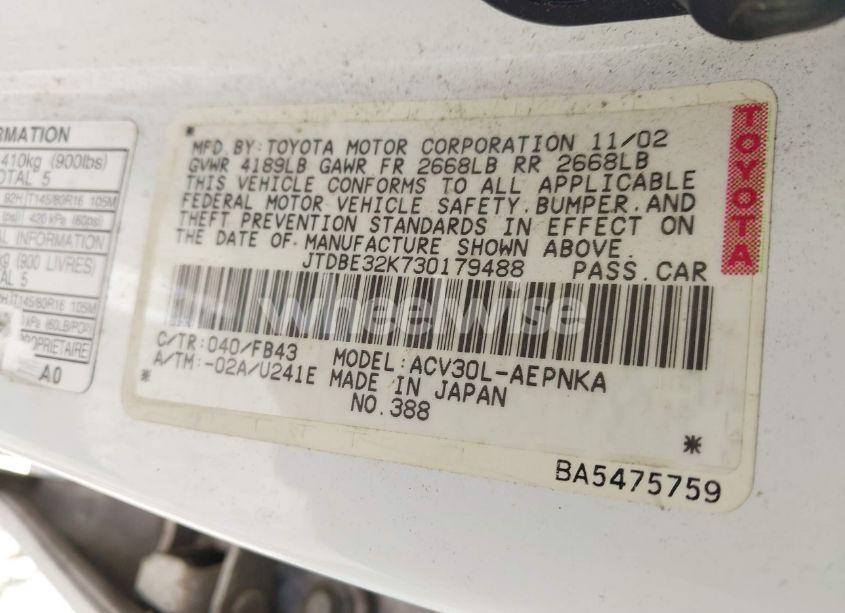 Photo 9 of 2003 Toyota Camry LE (VIN JTDBE32K730179488)