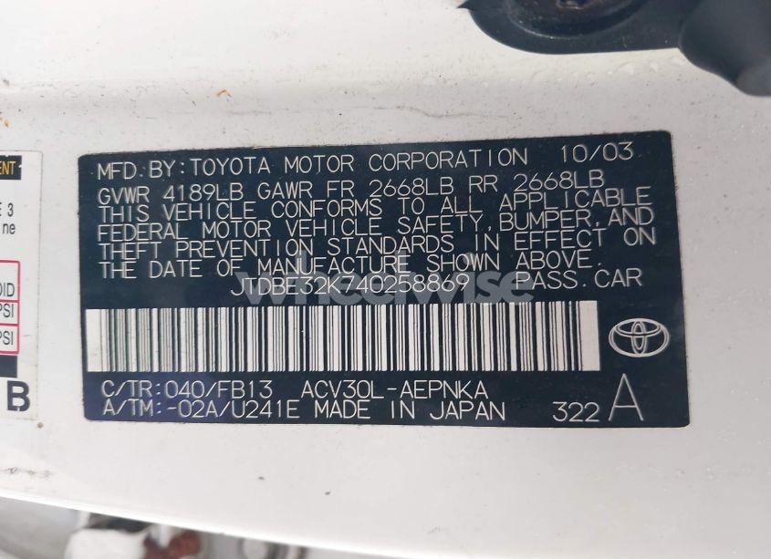 Photo 9 of 2004 Toyota Camry LE/SE/STD/XLE (VIN JTDBE32K740258869)