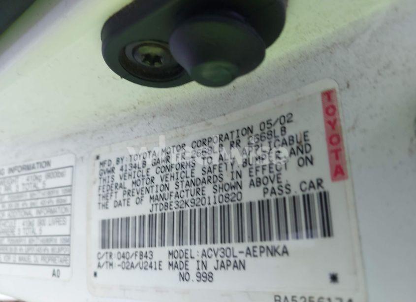 Photo 9 of 2002 Toyota Camry LE (VIN JTDBE32K920110820)