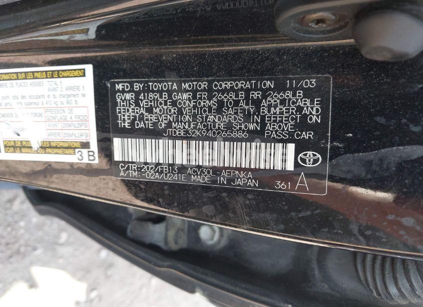 Photo 9 of 2004 Toyota Camry LE (VIN JTDBE32K940265886)