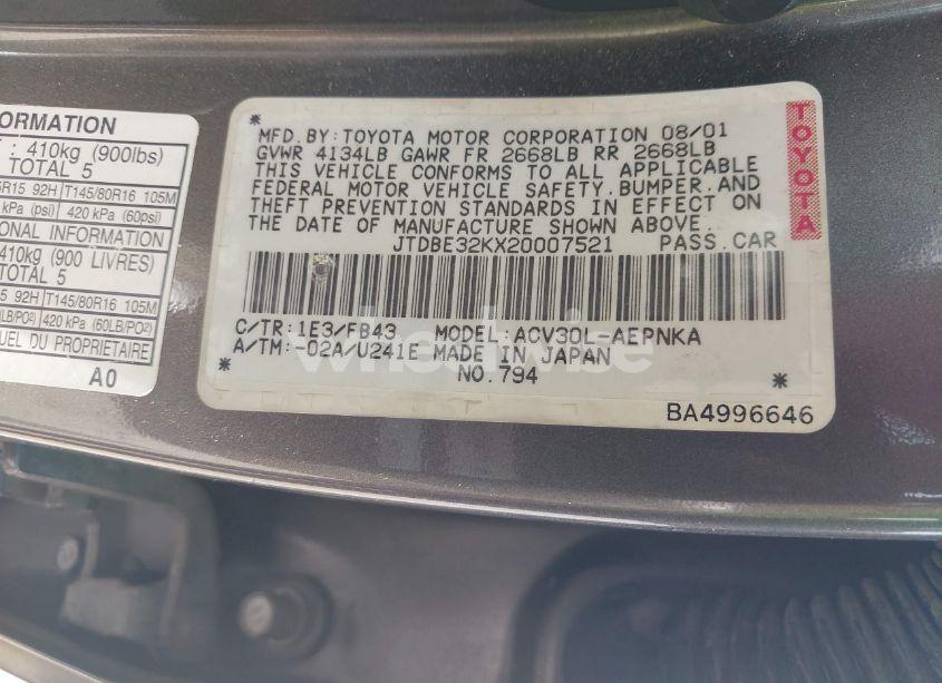 Photo 9 of 2002 Toyota Camry LE (VIN JTDBE32KX20007521)