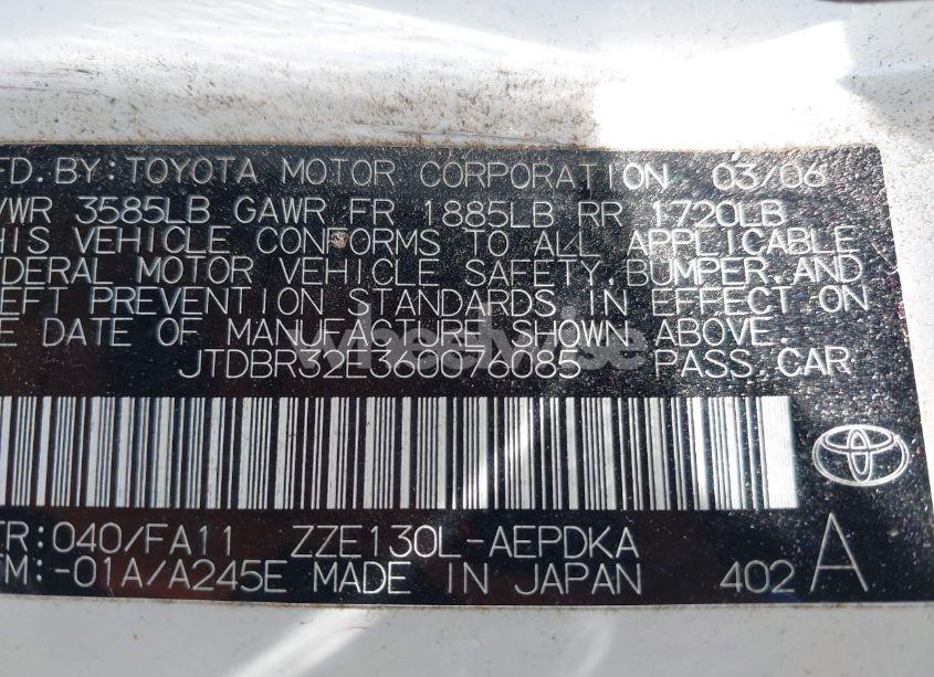 Photo 9 of 2006 Toyota Corolla CE (VIN JTDBR32E360076085)