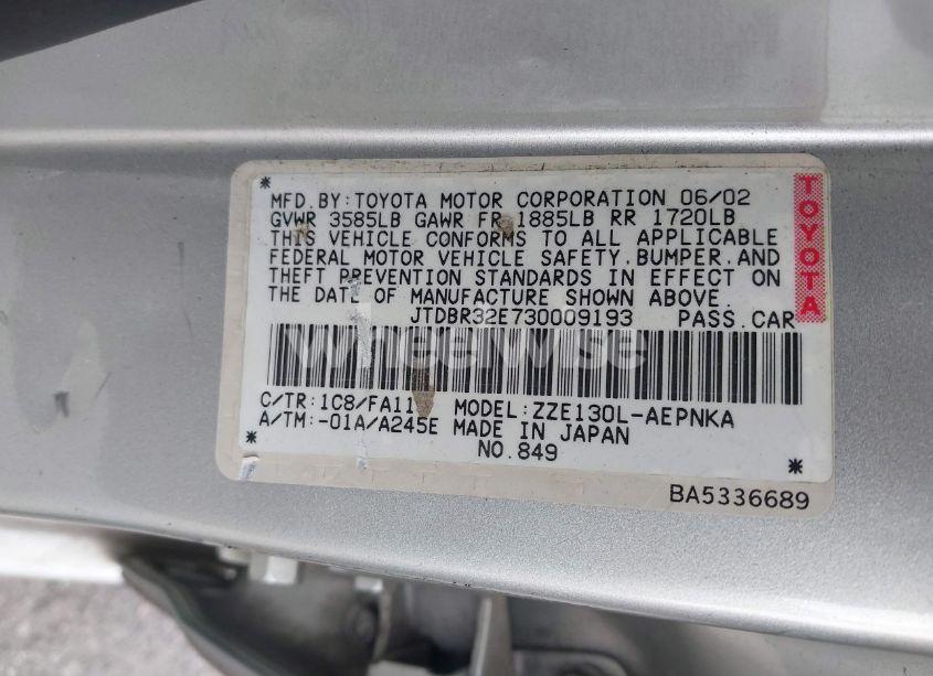 Photo 9 of 2003 Toyota Corolla LE (VIN JTDBR32E730009193)