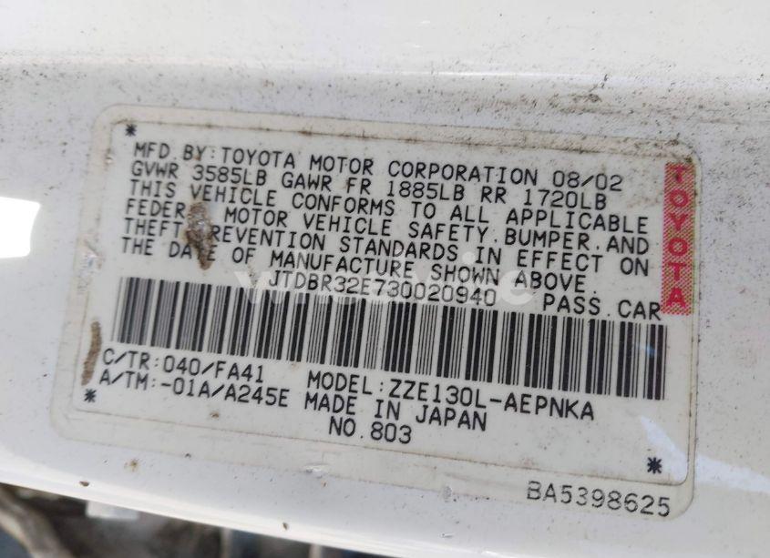 Photo 9 of 2003 Toyota Corolla LE (VIN JTDBR32E730020940)