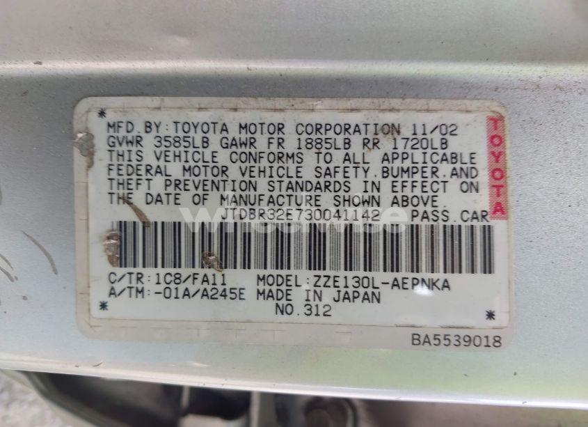 Photo 9 of 2003 Toyota Corolla LE (VIN JTDBR32E730041142)