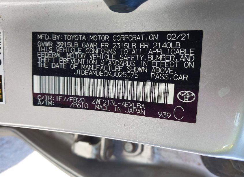 Photo 9 of 2021 Toyota Corolla HYBRID LE (VIN JTDEAMDE0MJ025075)