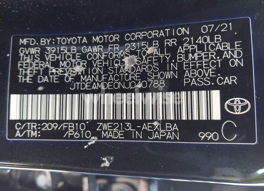Photo 9 of 2022 Toyota Corolla HYBRID LE (VIN JTDEAMDE0NJ040788)