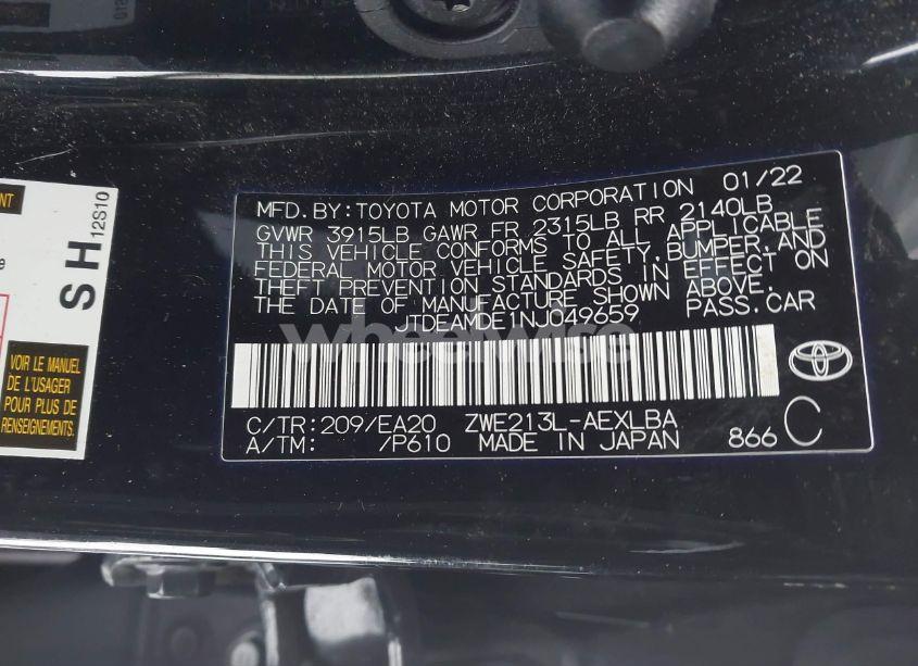 Photo 9 of 2022 Toyota Corolla HYBRID LE (VIN JTDEAMDE1NJ049659)