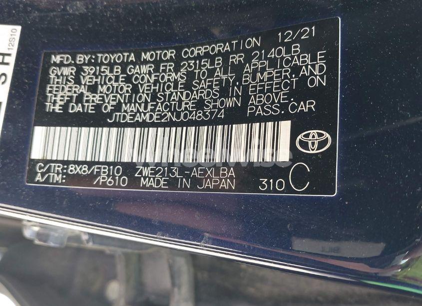 Photo 9 of 2022 Toyota Corolla HYBRID LE (VIN JTDEAMDE2NJ048374)