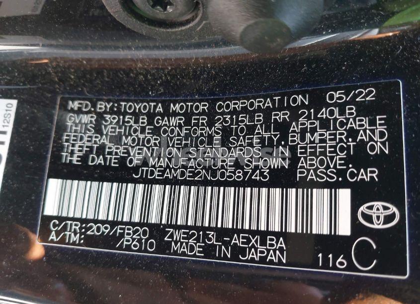 Photo 9 of 2022 Toyota Corolla HYBRID LE (VIN JTDEAMDE2NJ058743)