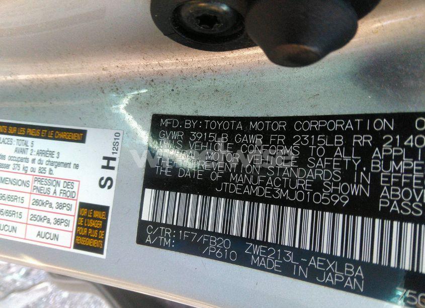 Photo 9 of 2021 Toyota Corolla HYBRID LE (VIN JTDEAMDE3MJ010599)