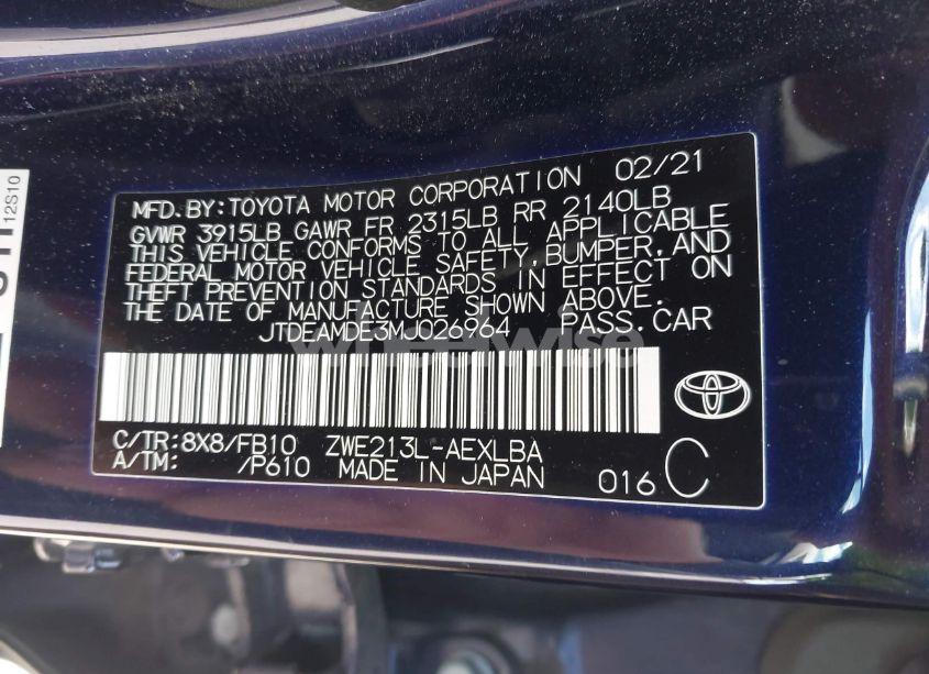 Photo 9 of 2021 Toyota Corolla HYBRID LE (VIN JTDEAMDE3MJ026964)