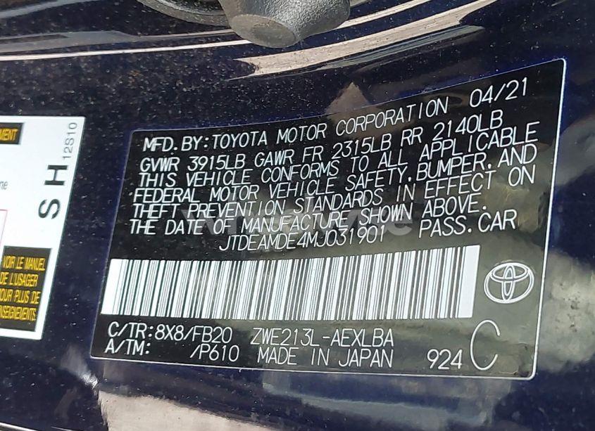 Photo 9 of 2021 Toyota Corolla HYBRID LE (VIN JTDEAMDE4MJ031901)