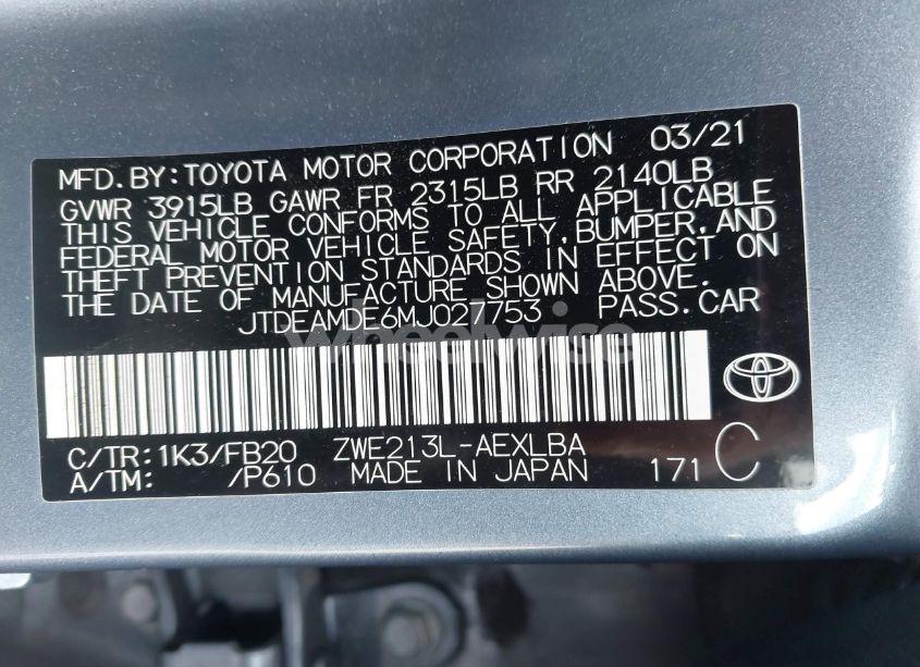 Photo 9 of 2021 Toyota Corolla HYBRID LE (VIN JTDEAMDE6MJ027753)