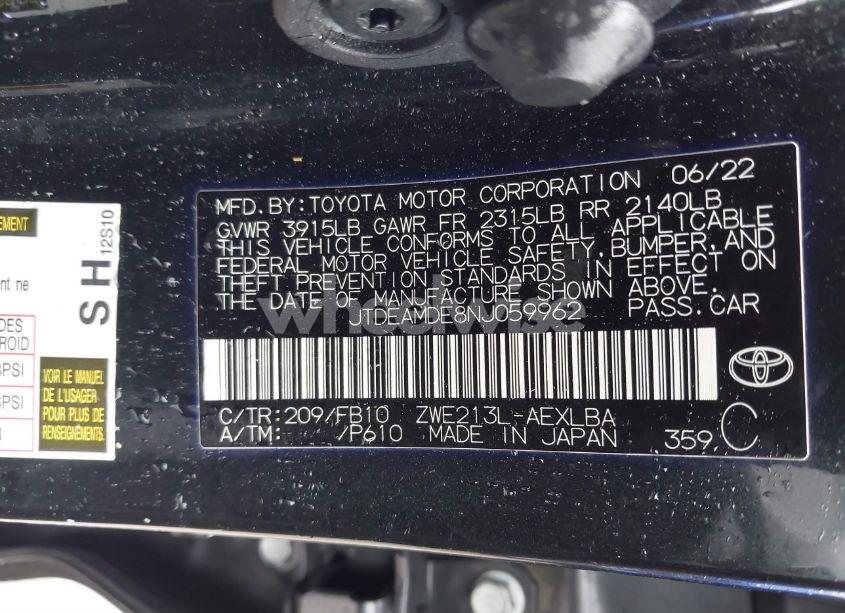 Photo 9 of 2022 Toyota Corolla HYBRID LE (VIN JTDEAMDE8NJ059962)