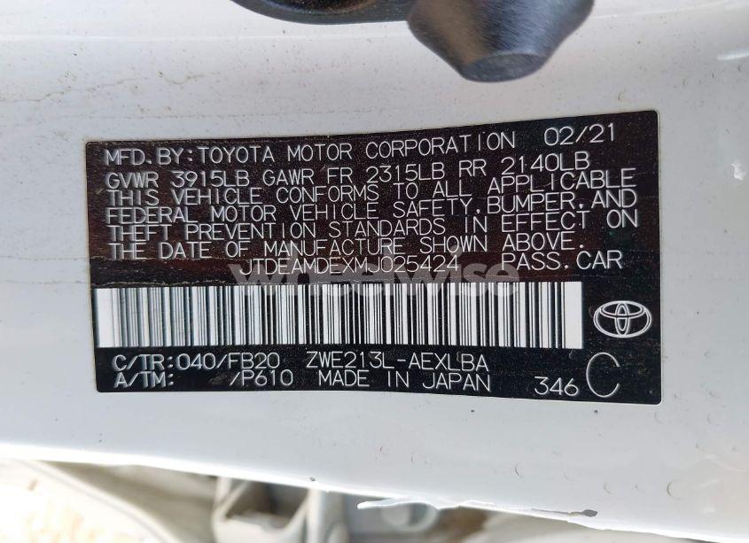 Photo 9 of 2021 Toyota Corolla HYBRID LE (VIN JTDEAMDEXMJ025424)